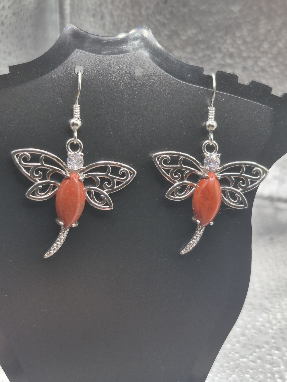 Red Jasper Dragonfly Drop Earrings with Silver Filigree